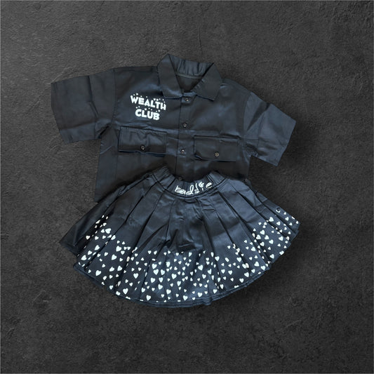 Money Hungry Skirt & Crop Top Set – Black w/ White Hearts